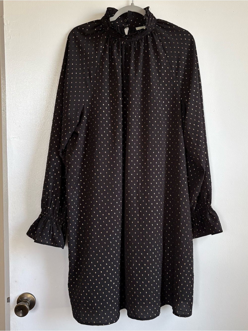 RYEGRASS Black Gold Embellished Midi Shift Dress High Neck Long Sleeve Button XL